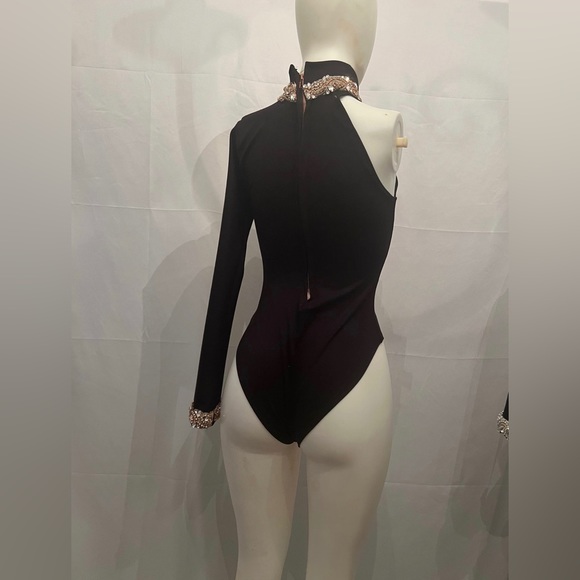 GORGEOUS Fancy By Francesca Watson Designer black bodysuit one sleeve with bling - Picture 5 of 5
